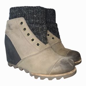 Sorel Joanie Sweater Wedge Leather Ankle Boots Booties 7